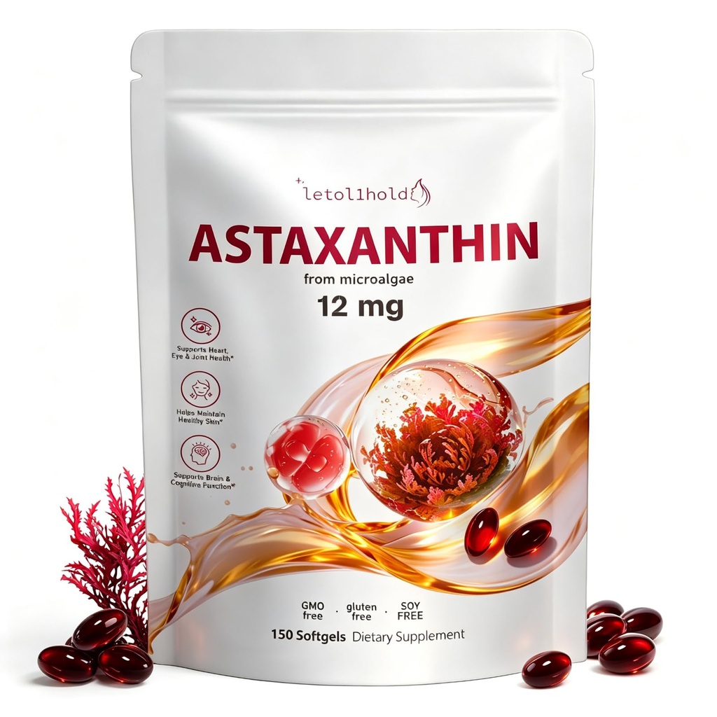 Astaxanthin 12mg, 150 Softgels - 5 měsíční dodávky, Astaxanthin doplňky sourced z čerstvých řas, Non- GMO, gluten zdarma, snadno polykat
