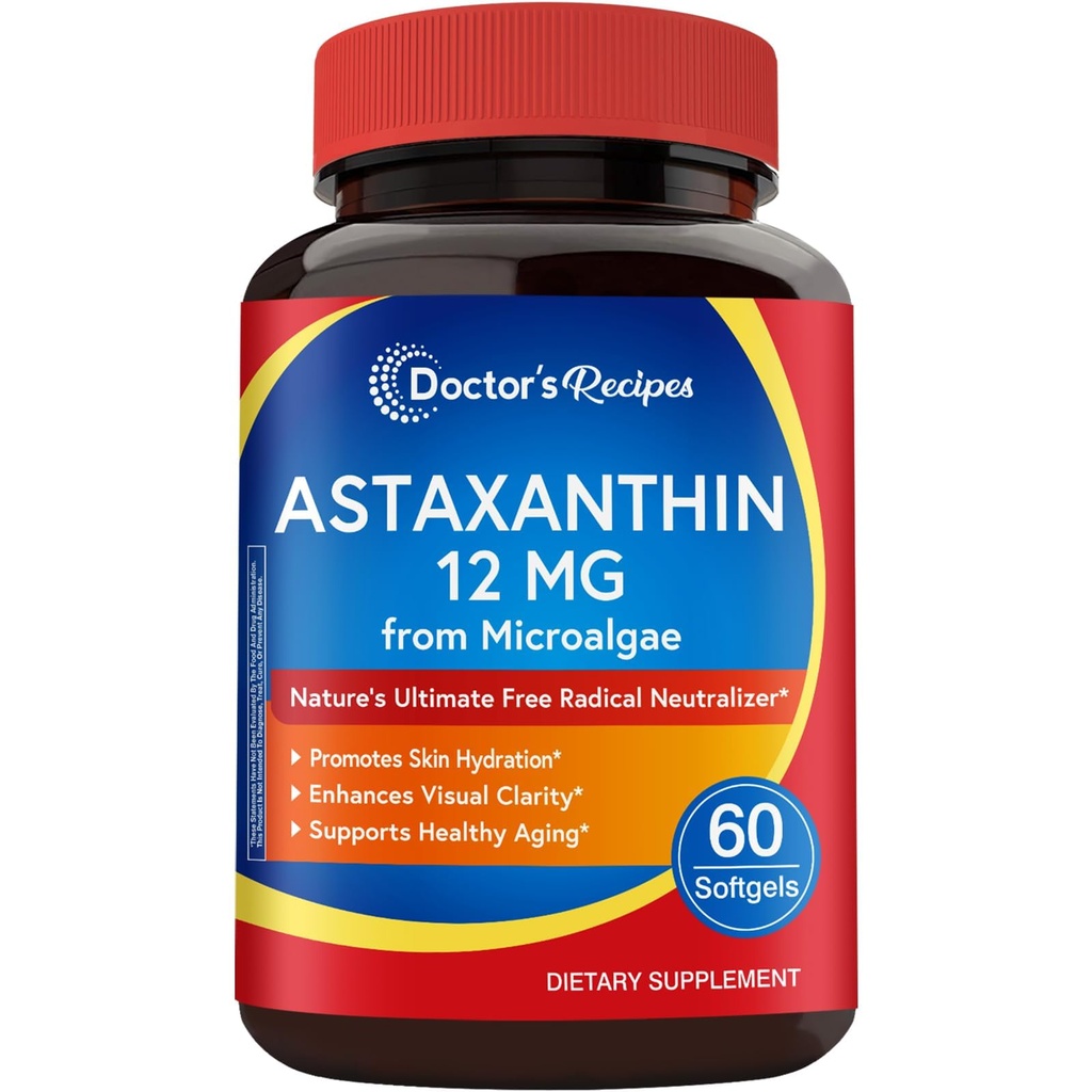 Lékařské recepty Astaxanthin 12 mg, z čerstvých Premium mikrořas, Max síla, No Gluten, Non- GMO, podporuje pleť, oko, kost a imunitní systém zdraví, 60 Softgels