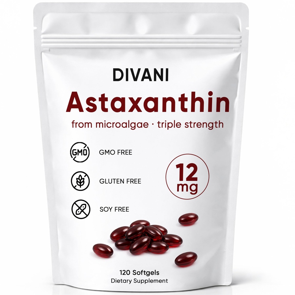 DIVANI Astaxanthin 12mg, Antioxidant dodatek pro denní wellness, imunitní, oční a kožní podpora, Non- GMO, gluten zdarma - 120 Softgels