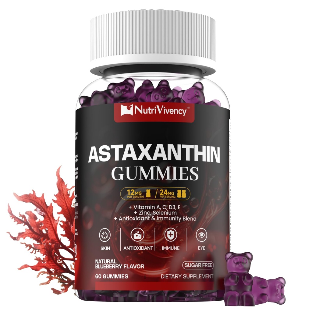 Astaxanthin Gummies, 12mg Per Gummy 24mg Max, Astaxanthin doplňky s vitaminem A / C / D / E, Resveratrol, 14-IN-1 Antioxidanty Směs pro ženy muži, kůže, oči, imunitní podpora, cukr zdarma, Vegan, 60 Ct