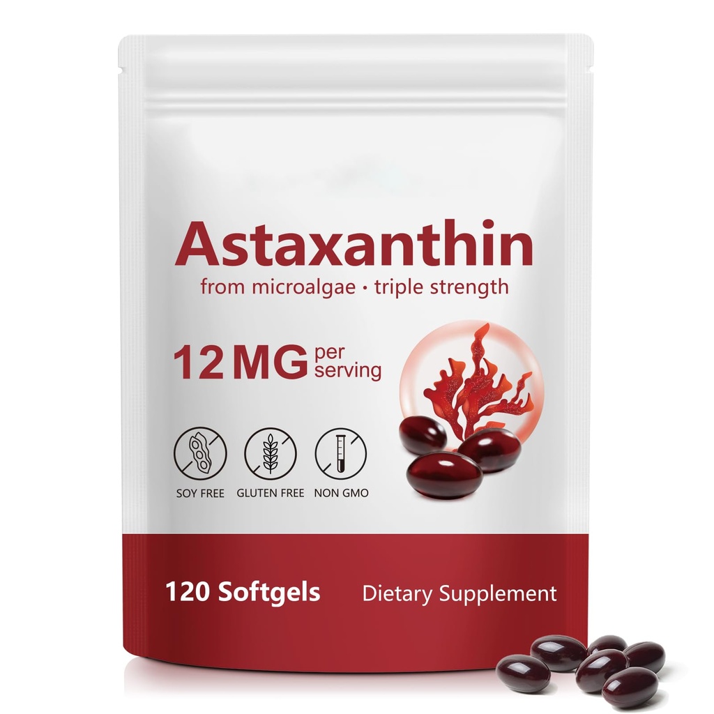 Astaxanthin 12mg, 120 Softgels, 4 Měsíční dodávky 124; Premium Astaxanthin Antioxidant doplňky - Podporuje oční, imunitní, kloubní, kožní zdraví a vnitřní oběh, Snadno polykat, Non- GMO