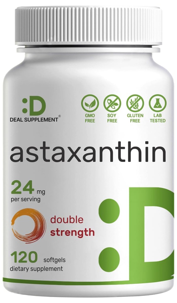 DEAL SUPPLAMENT Astaxanthin 24 mg per Serving (12mg per Cap), 120 Softgels - Dvojitá síla mikrořasy - Antioxidační doplňky pro pleť, oči, spojky a imunitní podpora - Non- GMO