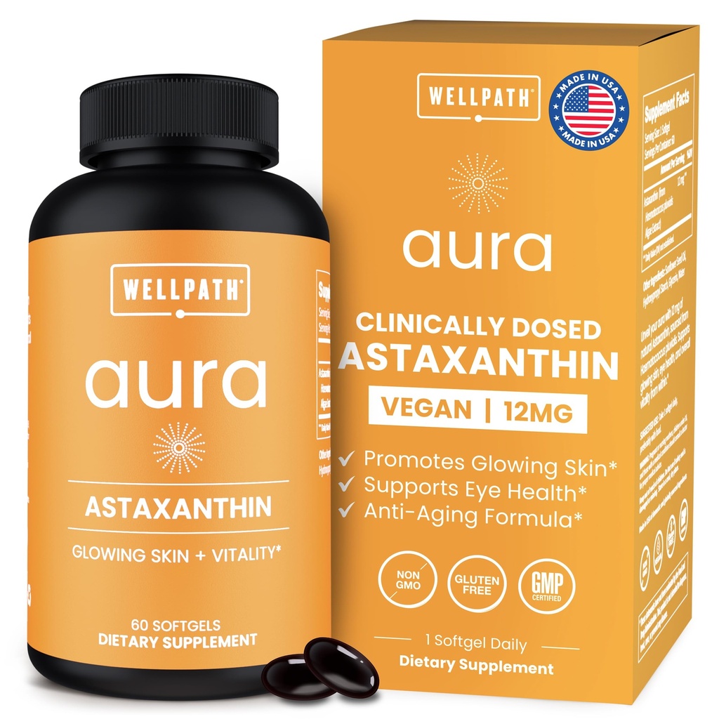 WellPath Astaxanthin 12 mg Softgets 124; Vegan Astaxanthin doplňky z mikrořas CLAS124; Antioxidanty pro hydrataci kůže, elasticita a oční zdraví CLAS124; Non- GMO, Made in USA, 2 Měsíční dodávky