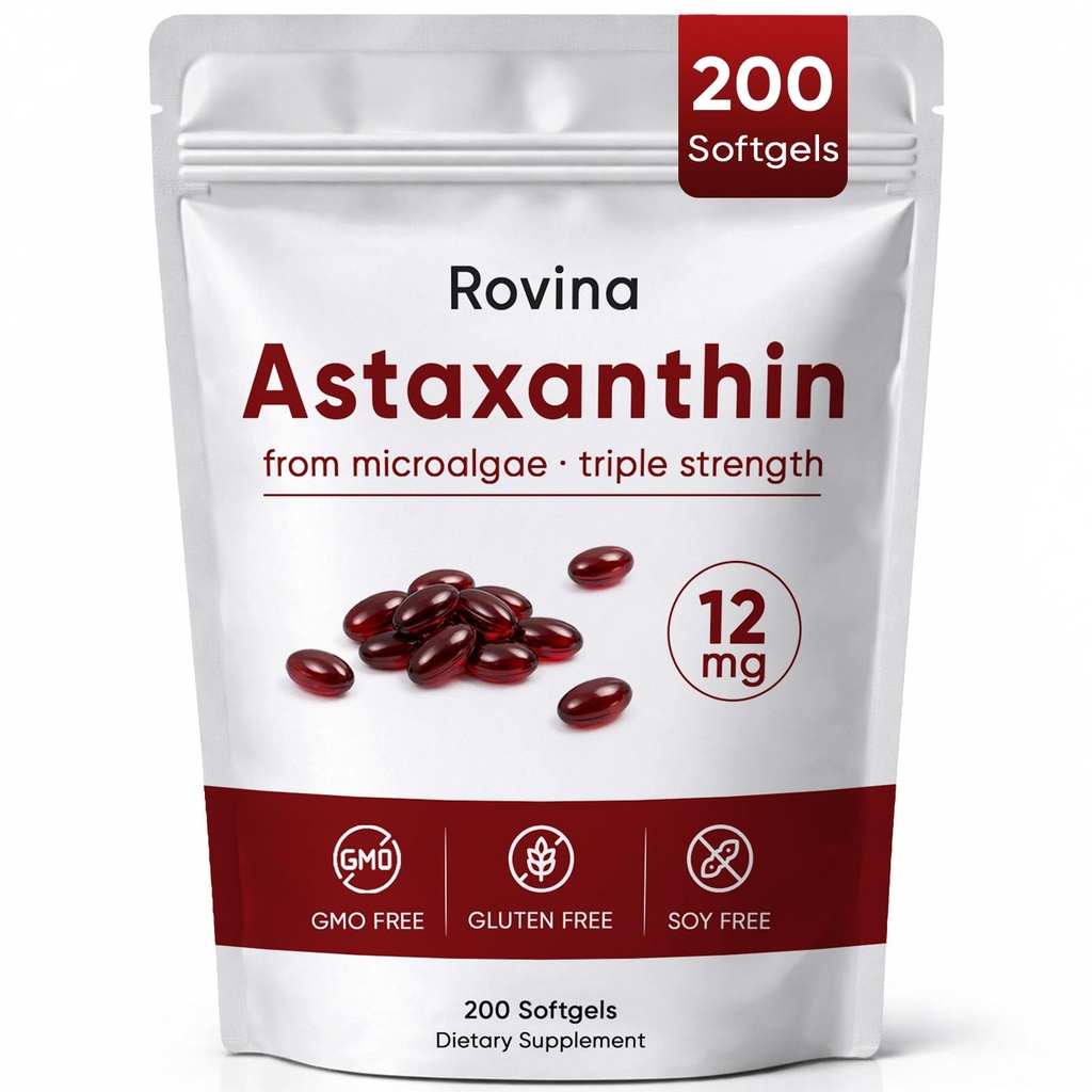 Rovina Astaxanthin 12mg Softgels, Antioxidant dodatek pro denní wellness, imunitní, Oko & Kožní podpora, Joint, Internal Circulation, Non- GMO, Gluten Free - 200 Softgels (1)
