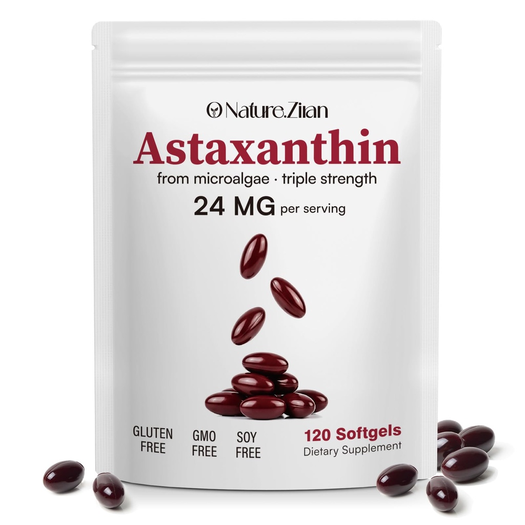 O NATURE. Ziran Astaxanthin Dodatky 24 mg, Antioxidanty dodatek, Podpory pro oční a kloubní a kožní zdraví 124; 4 Měsíční dodávky 124; 120 Softgels