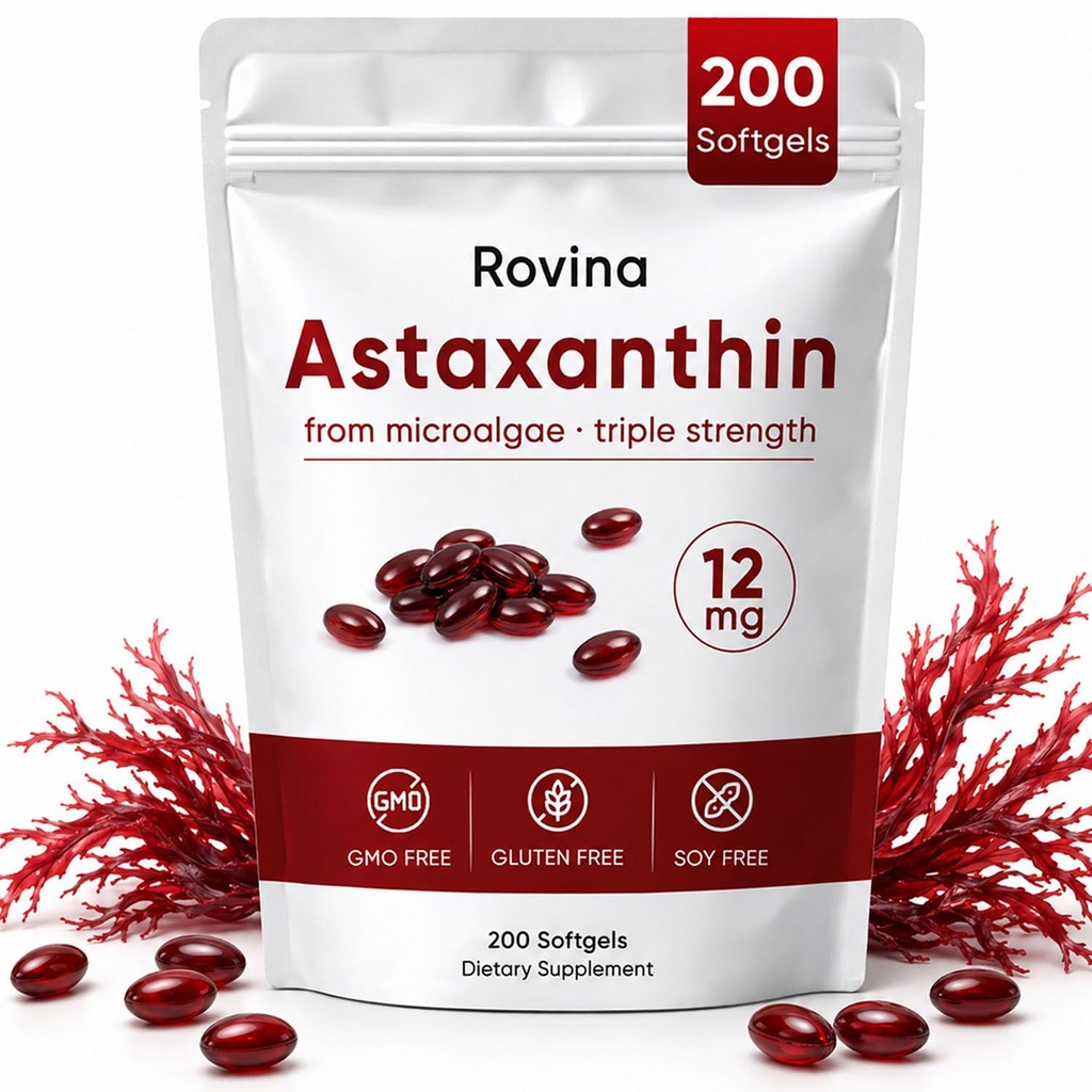 ROVINA Astaxanthin 12mg Softgels, Antioxidant Support Supports Eye, Skin, Imunity, Joint, Internal Circulation, Non- GMO & Gluten Free - 200 Softgels