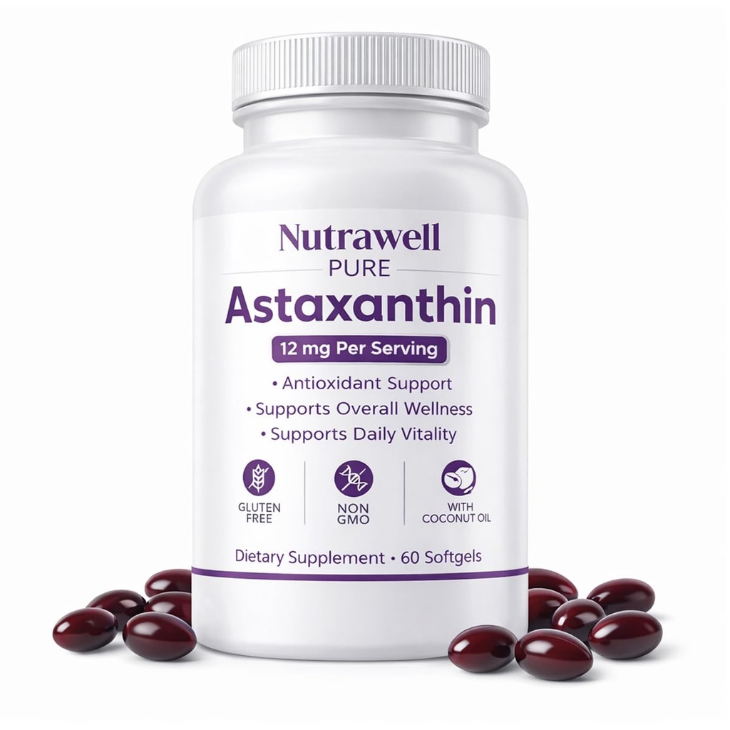IRMI Nutrawell Astaxanthin 12 mg Softgels, Premium Natural Astaxanthin IR 124; Gluten- Free, Non- GMO IR 124; Daily Eye & Skin Support, 60 Soft gels