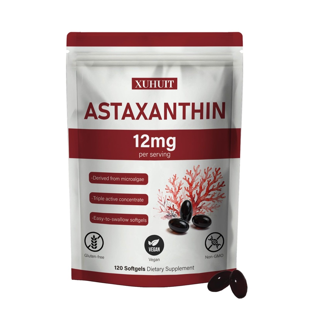 Astaxanthin dodatek 12 mg, 120 Softgels CLAS124; Premium přírodní Astaxanthin Antioxidant z mikrořas CLAS124; vysoká síla, Non- GMO, gluten a sójový volný vzorec (1)
