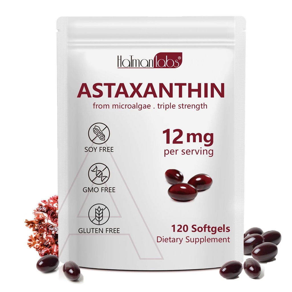 Daiasns Astaxanthin 12 mg, Astaxanthin Antioxidant doplňky podporuje oční, kloubní, vnitřní oběh a zdraví kůže - Non- GMO, 120 Softgels - 4 měsíce Dodávka