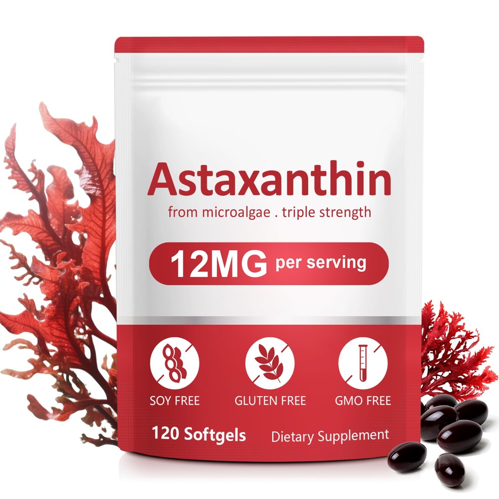 Astaxanthin doplňky, 12 mg Astaxanthin přírodní anti- aging vzorec - podporuje oči, kloub, vnitřní oběh a zdraví kůže, Non- GMO Non- gluten