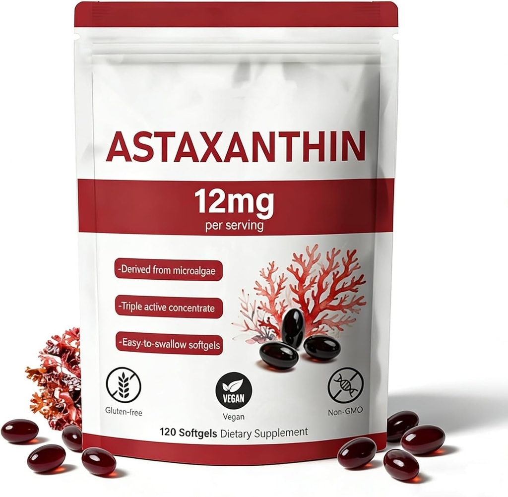 Astaxanthin 12mg, 120 Softgels, přírodní mikrořasy zdroj, non-GMO gluten- free, 4 Měsíční dodávky