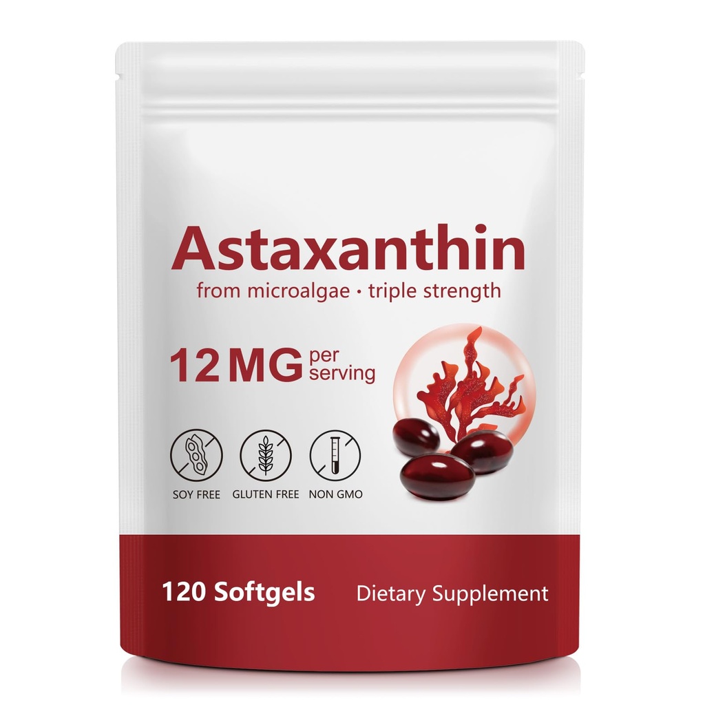 Astaxanthin dodatek 12 mg z mikrořas, 120 Softgels, Antioxidant Support, Denní Wellness Formule, 4 Měsíční dodávka
