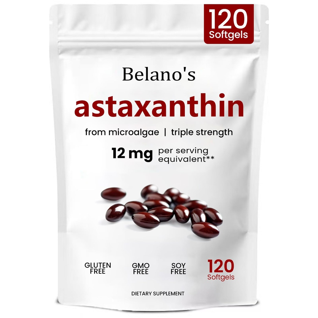 Belano 's Astaxanthin 12mg, Astaxanthin Softgels, Premium Astaxanthin Antioxidant dodatek 124; Health & Energy Support, Non- GMO, Vegan- Friendly & Gluten- Free - 120 Softgels (1 Bag)