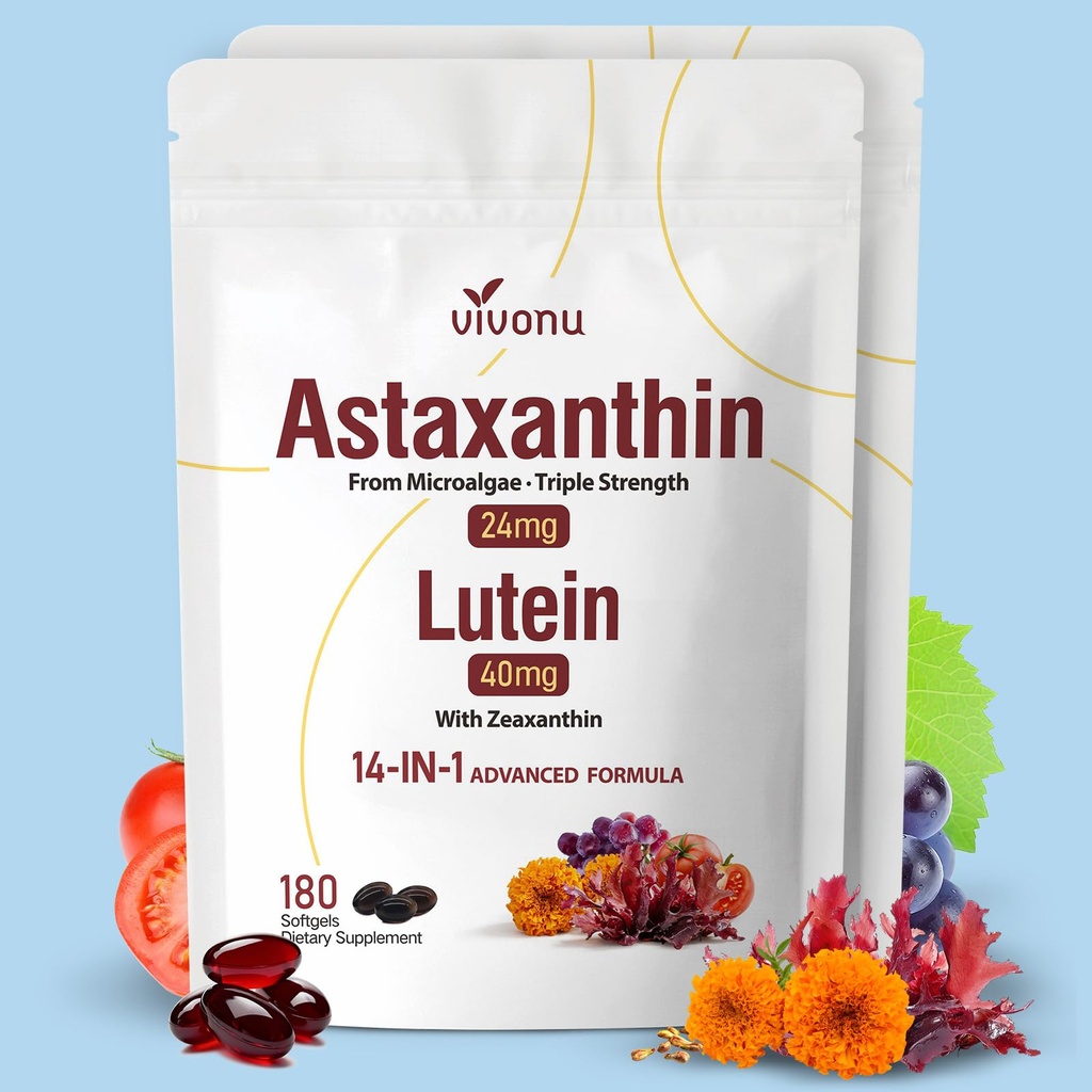 VivoNu 14- in-1 Astaxanthin 24mg & Lutein 40mg s doplňkem Zeaxanthin, 12 měsíční dodávka, 360 Softgels, 2 Bag
