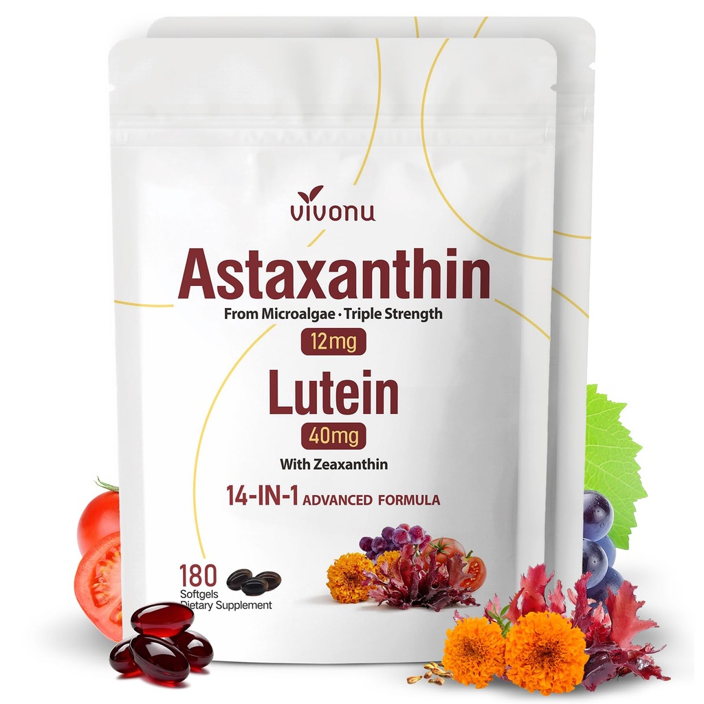 14- in-1 Astaxanthin 12 mg & Lutein 40 mg s doplňky Zeaxanthin, 12 Měsíční dodávky, Čerstvý zdroj řas, podporuje oko, kůže, antioxidant, kloubní, oběhové zdraví, Non- GMO, gluten zdarma, 2 Bag