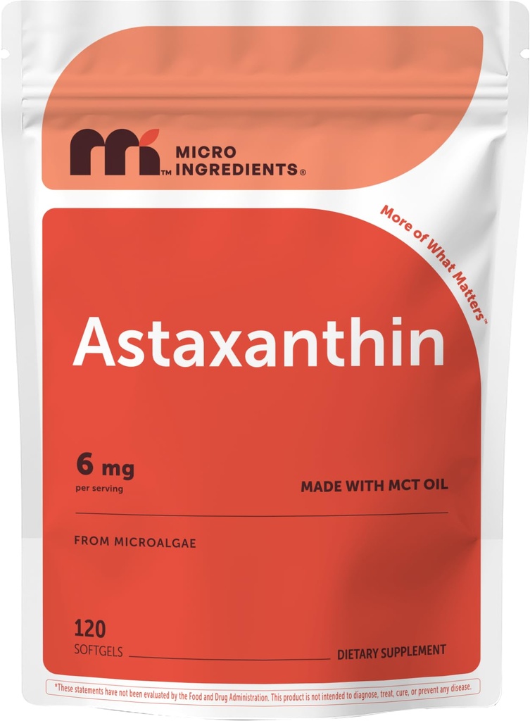 Mikro přísady Astaxanthin 6 mg s MCT olejem, 120 Softgels CLAS124; Premium Astaxanthin Antioxidant doplňky * CLAS124; Fresh Microalgae Source CLAS124; Triple Strength, Non- GMO, Gluten Free, No Soy