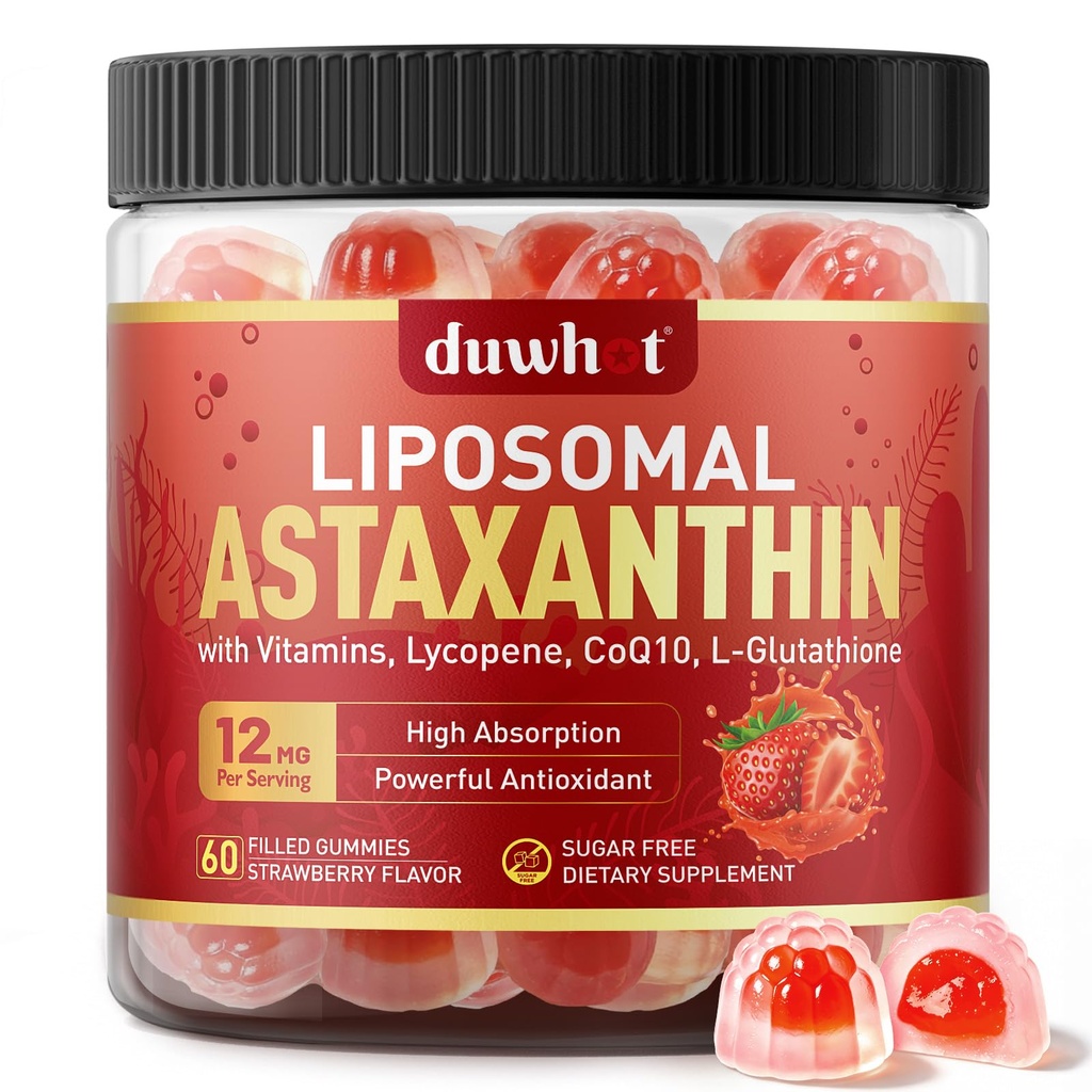 Lipozomální Astaxanthin Gummies, Organic Astaxanthin 12mg doplňky s Lycopene, Glutathione pro silný antioxidant, Plus Vitamíny & CoQ10 pro oko, kůže a imunitní zdraví, cukr zdarma, Vegan, 60