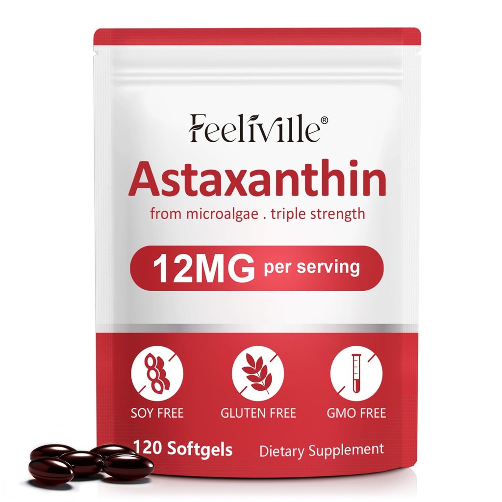 Astaxanthin doplňky, Astaxanthin 12mg, 120 Softgels Antioxidant Astaxantina dodatek pro oko, pleť, společné a imunitní zdraví, podporuje vnitřní oběh a srdeční zdraví, Non- GMO & No Gluten