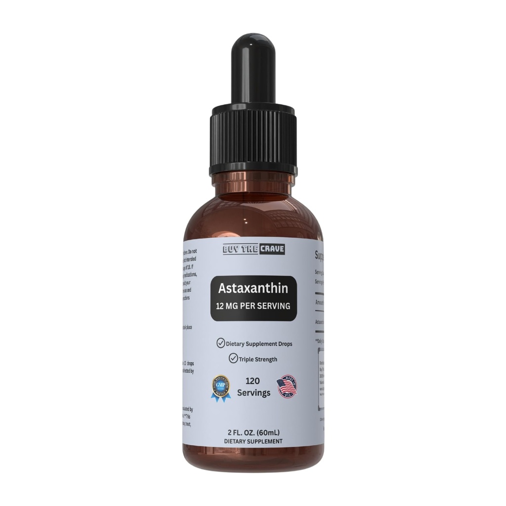 Astaxanthin Liquid Drops Infused with Cold Pressed Extra Virgin Olive Oil - 12mg per Serving - Natural Antioxidant Support - 2 fl oz Dropper Bottle - Vegan, Non- GMO