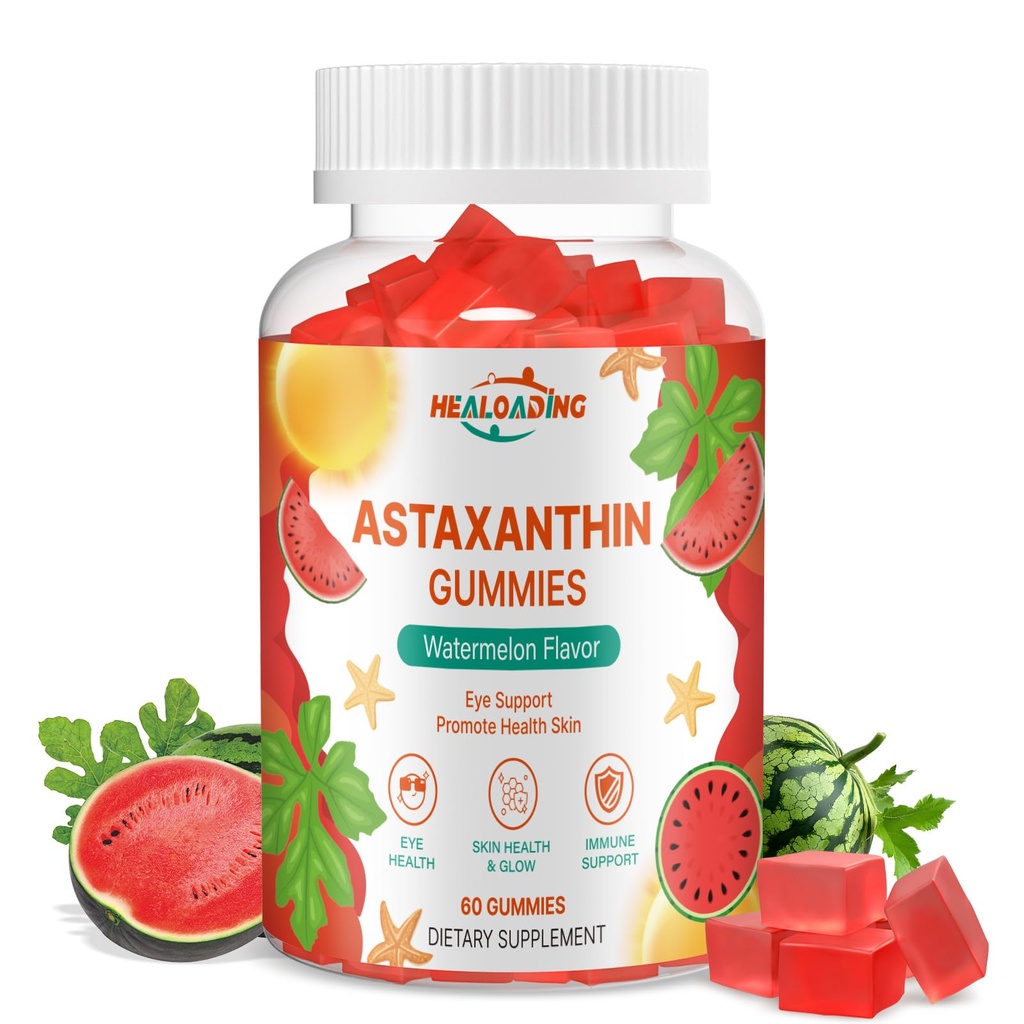 Astaxanthin 12 mg doplňky Gummies: Antioxidant dodatek k podpoře očí, kůže, společné a imunitní systém zdraví Non- GMO & gluten- Free (60 Gummies)