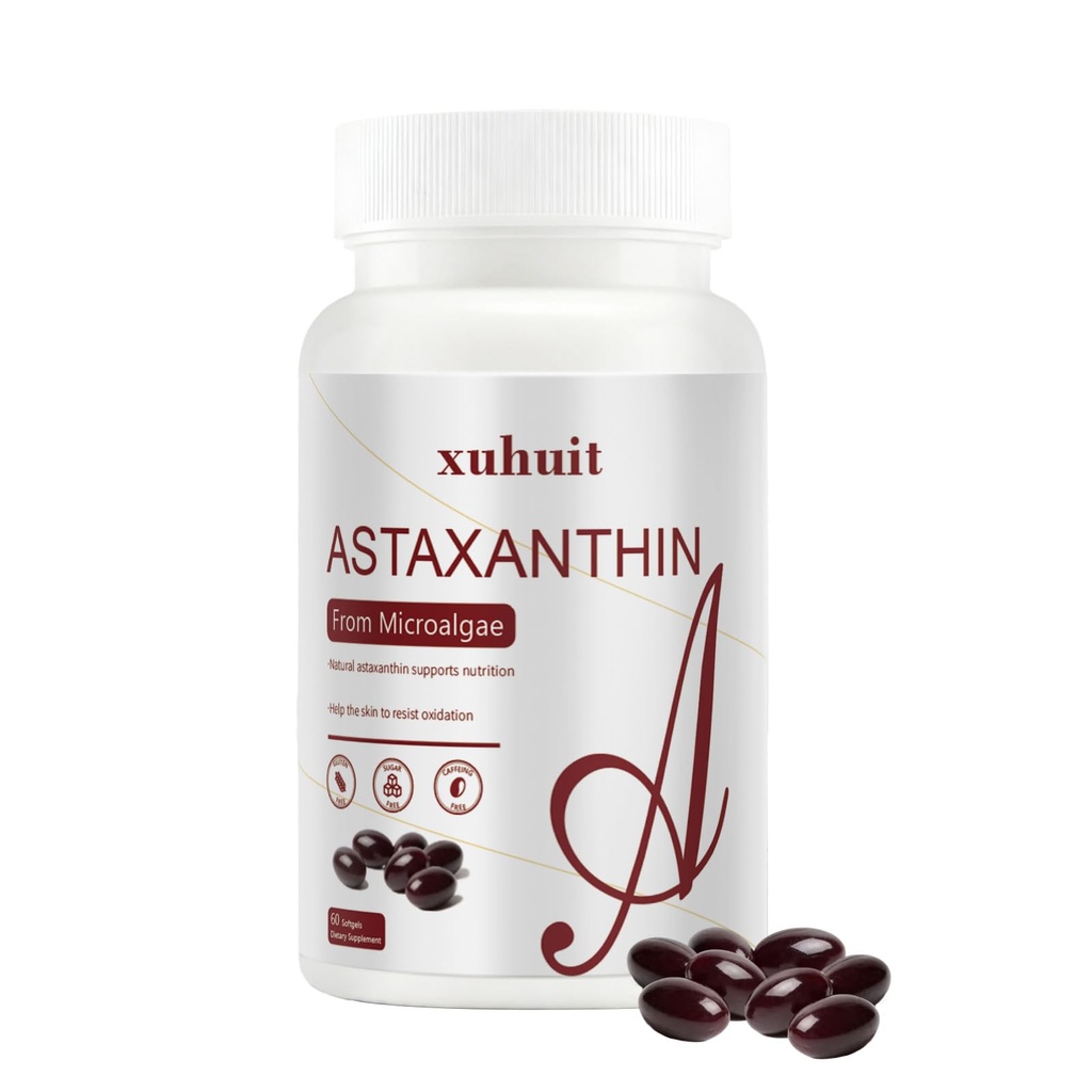 Astaxanthin 12mg Softgels, 120 Počet na 4 Měsíční dodávky, Přírodní doplněk antioxidant z Řasy Causoy zdarma, snadno polykat (01)