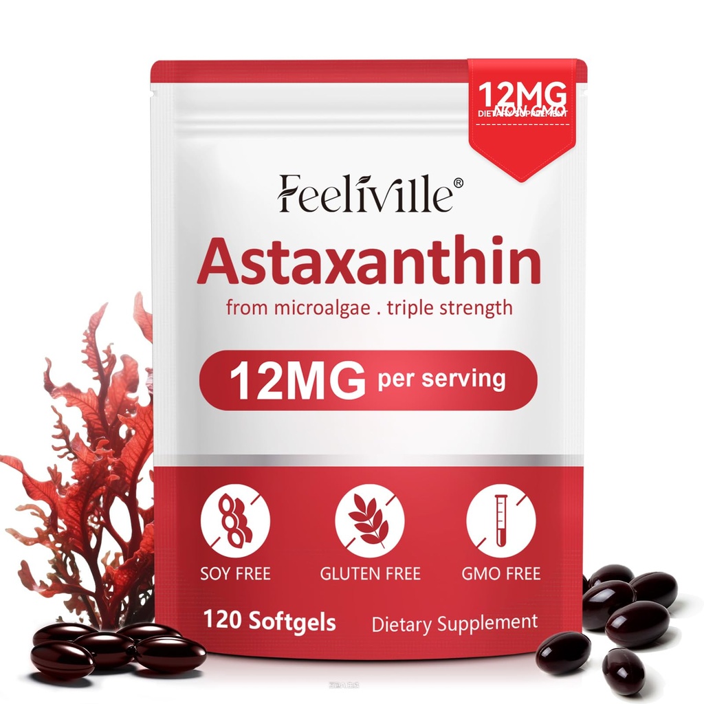 Astaxanthin 12 mg 120 Softgels, Premium Astaxanthin Antioxidant Doplňky s antioxidační aktivitou, Podporuje oko, kůže, imunitní, vnitřní cirkulace