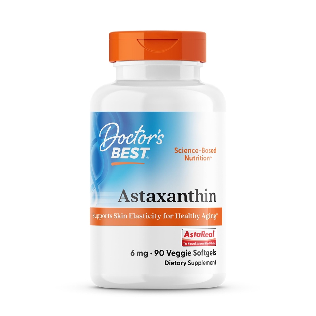 Doctor 's Best Astaxanthin Vegan Dodatek 6 mg - Kožní elasticita a antioxidační podpora pro muže a ženy, Extract from Haematococcus Pluvialis Microalgas, Non GMO, Gluten Free - 90 Veggie Softgels
