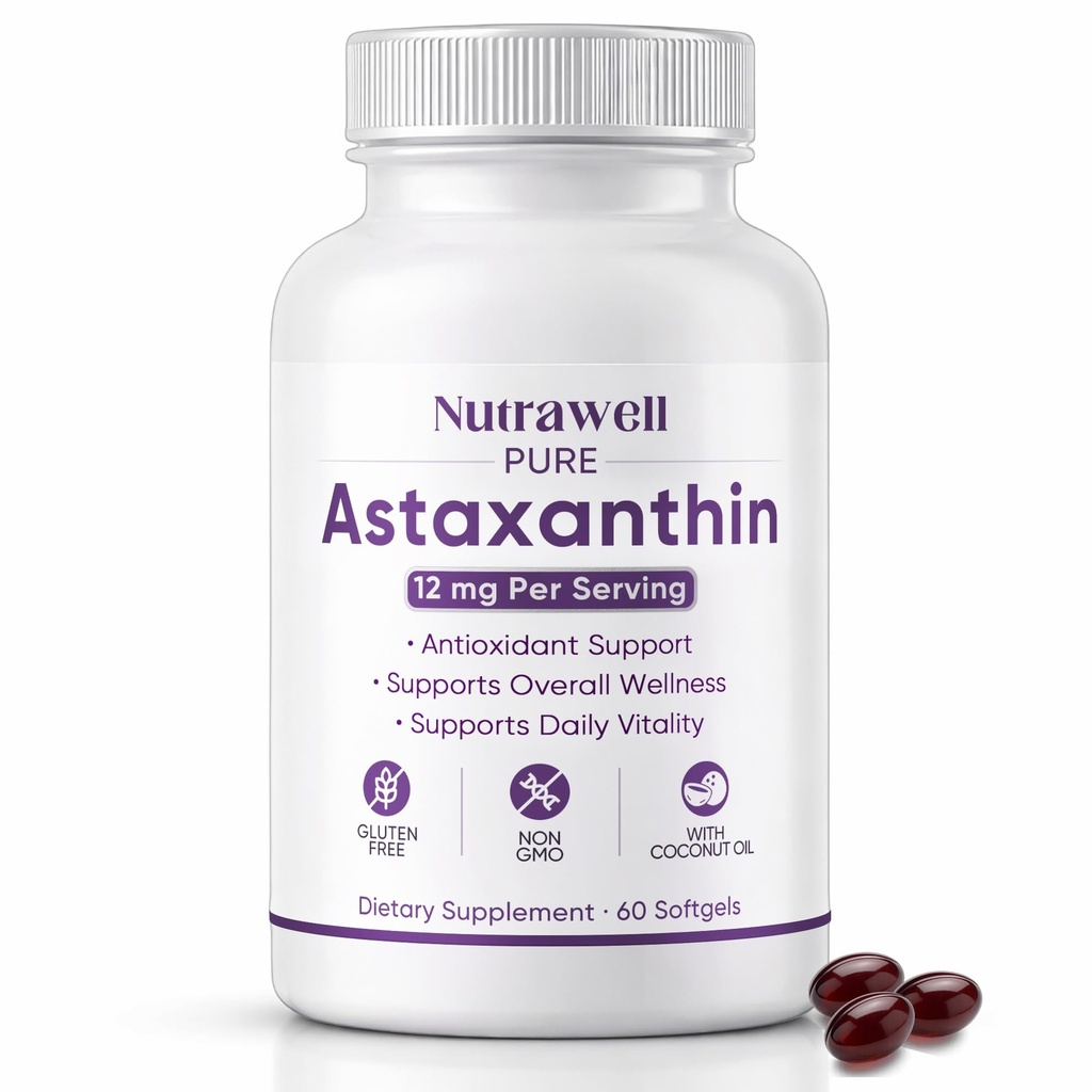 NutraWell Astaxanthin 12mg, s kokosovým olejem, Antioxidant Supplement, Non- GMO, gluten Free, 60 Softgels
