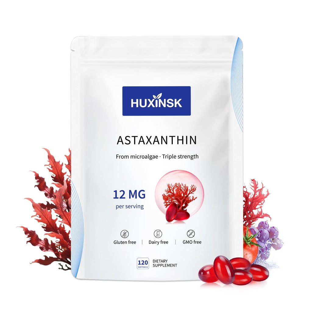 Astaxanthin 12mg doplňky, 120 Softgel, Max síla Astaxanthin Antioxidant doplňky forma čerstvé mikrořasy, 4 měsíce Dodávka, Podporuje oko, kůže, kloub, mozek, srdce a imunitní systém zdraví, 1 Bag