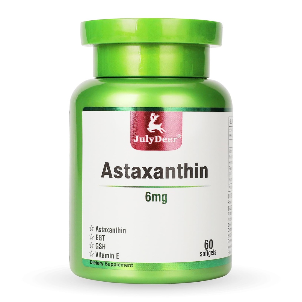 JulyDeer Astaxanthin 6 mg Per Serving, 60 Softgels - Dvojitá síla mikrořasy - Přírodní Haematococcus Pluvialis Zdroj - Antioxidační doplňky pro pleť, oči, spojky, a imunitní podpora - Non- GMO
