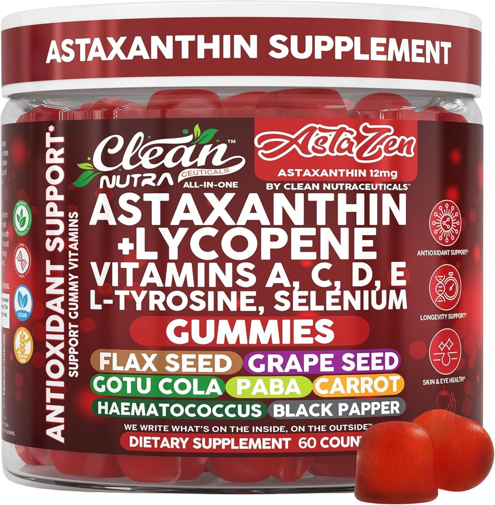 Čisté Nutraceuticals Astazen Astaxanthin Gummies 12 mg - s lykopenem, vitaminy A C D E, L-tyrosin & Selen - Antioxidant Support Gummies - 60 Počet