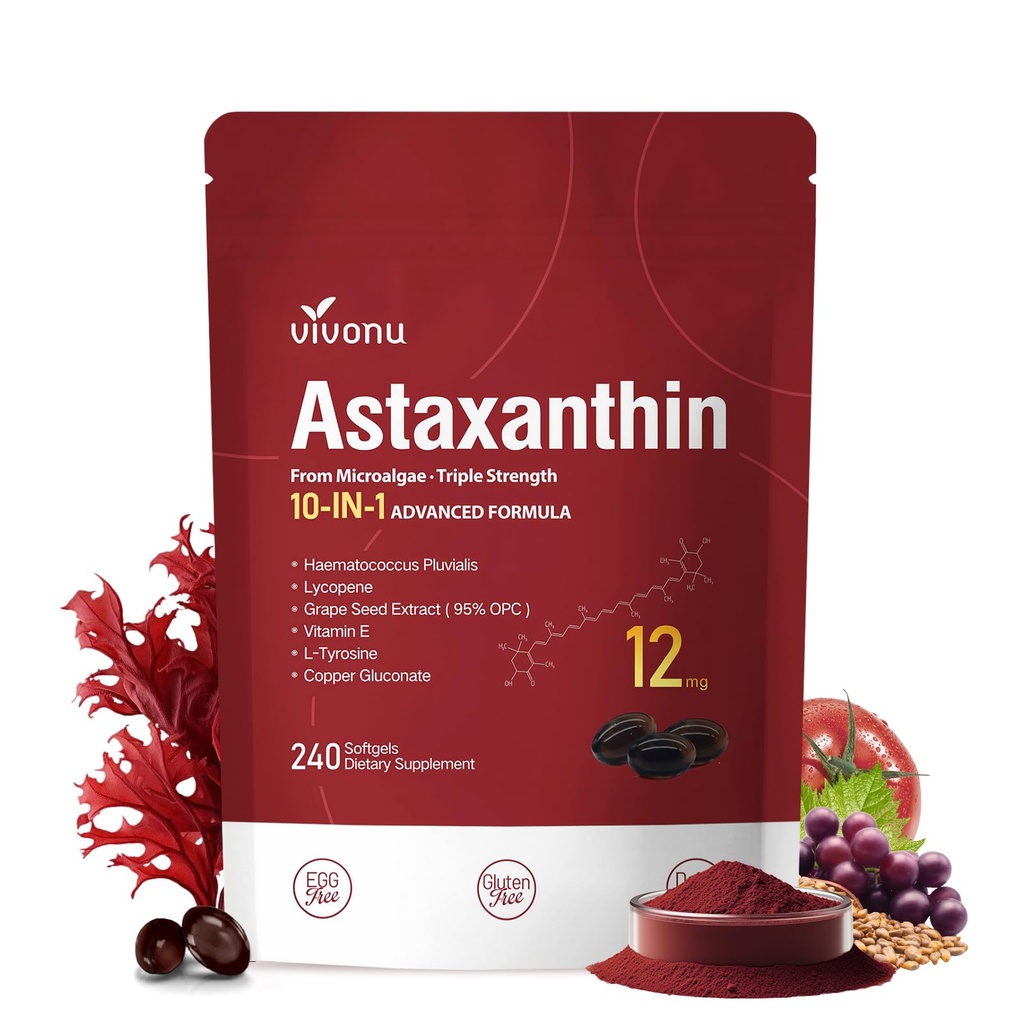 VivoNu Astaxanthin 12mg doplňky, 240 Softgels, Fresh Haematococcus Pluvialis 10 v 1 Astaxanthin Antioxidant doplňky, podporuje oko, kůže, kloub, mozek, srdce a imunitní systém zdraví