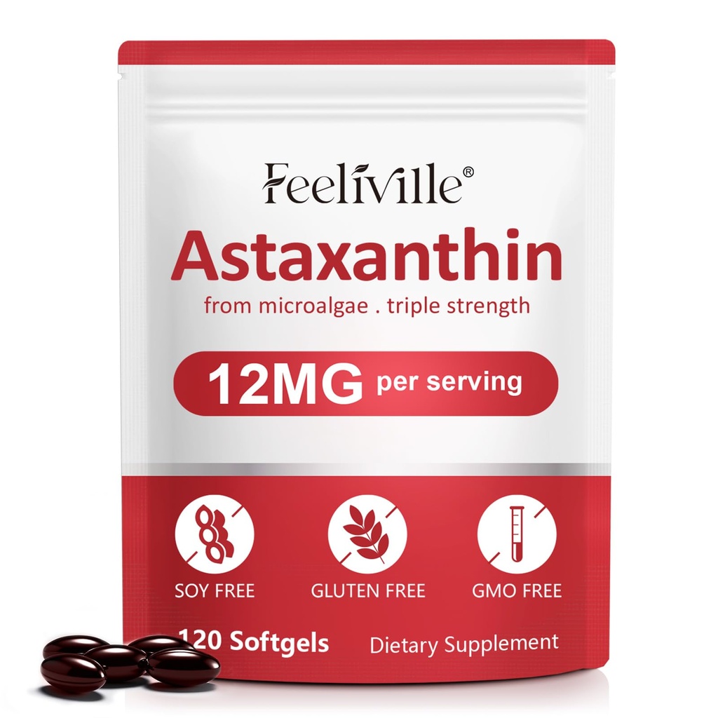 Astaxanthin 12mg (120 Softgels) - Premium Astaxanthin Antioxidant doplňky - Podporuje Eye, vnitřní oběh, imunitní & kožní zdraví - Čerstvý zdroj mikrořas - Non- GMO & No Gluten