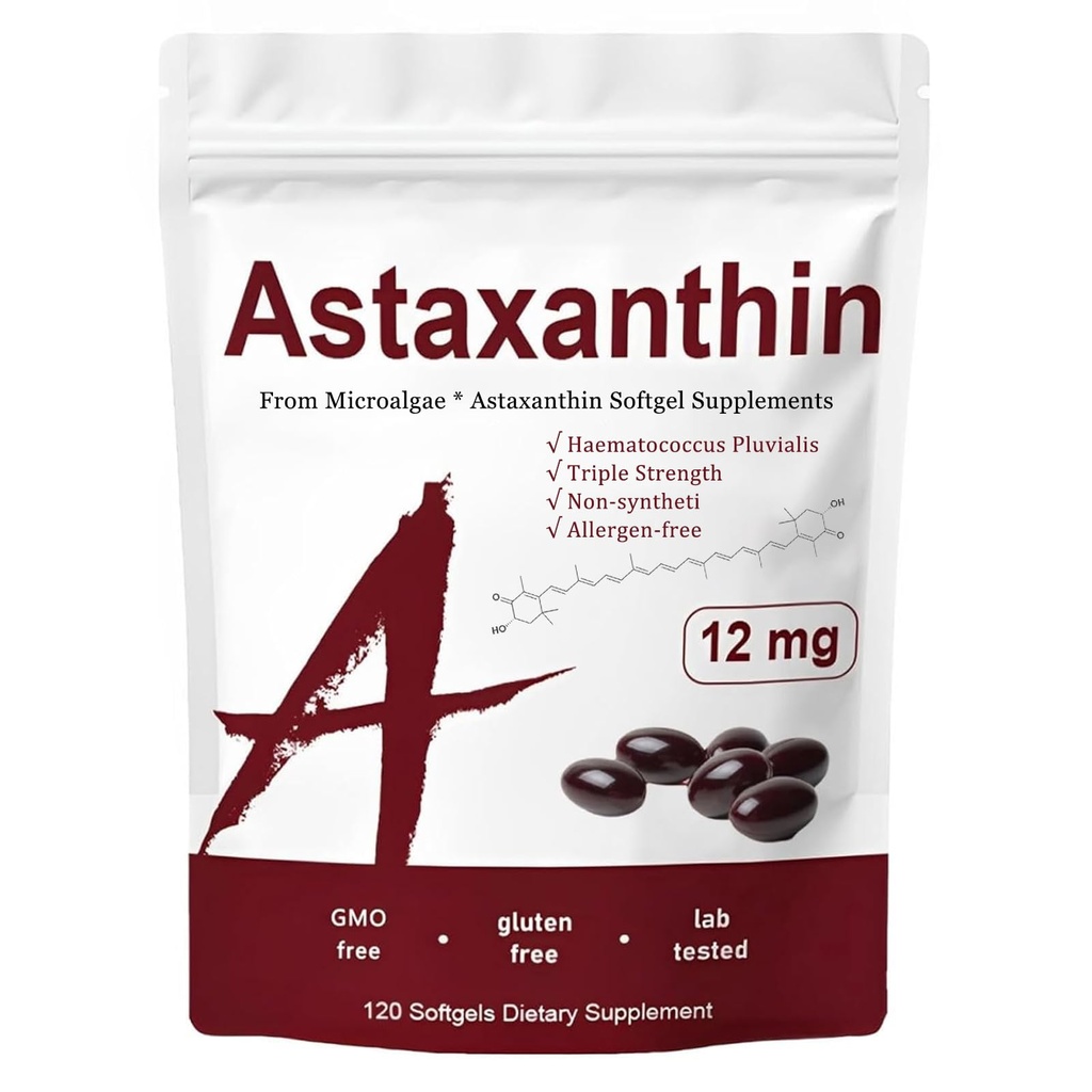 Astaxanthin 12 mg, Triple Strength Kožní vitamíny pro ženy s antioxidační aktivitou, podporuje imunitní, kůže, oko a společné zdraví, podporovat vnitřní oběh, Čokoláda Flavor, 120 Služební