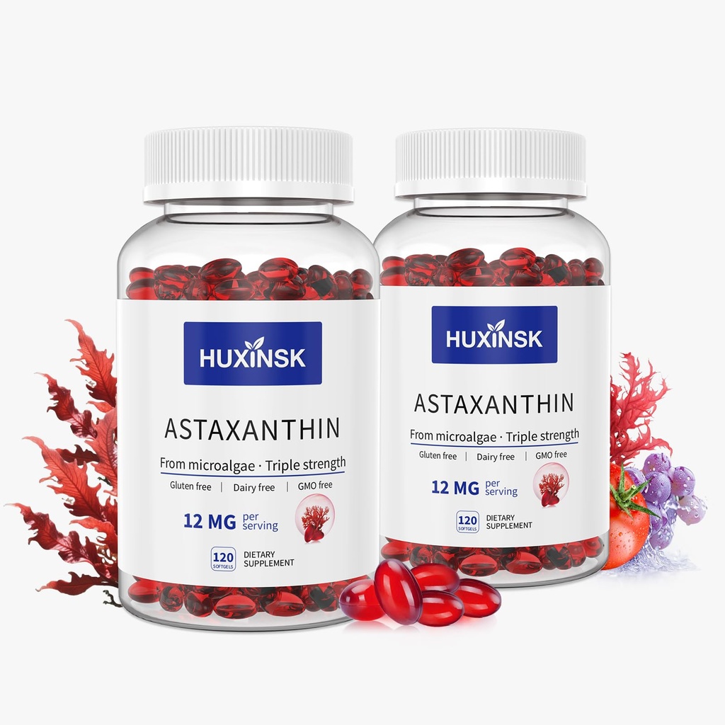 Astaxanthin 12mg doplňky, 120 Softgel, Max síla Astaxanthin Antioxidant doplňky, čerstvé mikrořasy, 4 měsíce Dodávka, 2 láhve