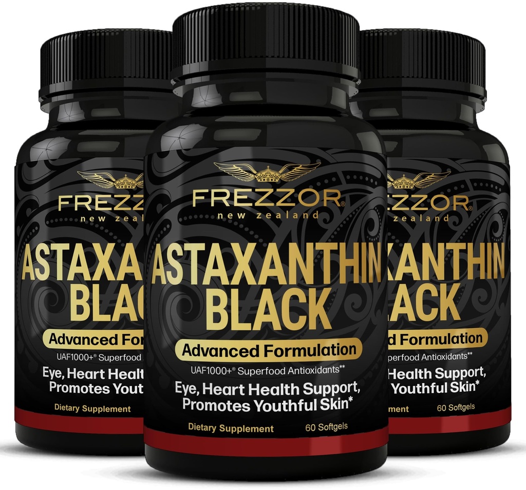 FREZZOR Astaxanthin Black s UAF1000 + Super Antioxidant, Podporuje srdce, Oko & Brain zdraví, Anti- Stárnutí péče o pleť & Cellular Protection, 12 mg Astaxanthin per Serve, 180 Softgels, 3 Měsíční dodávka