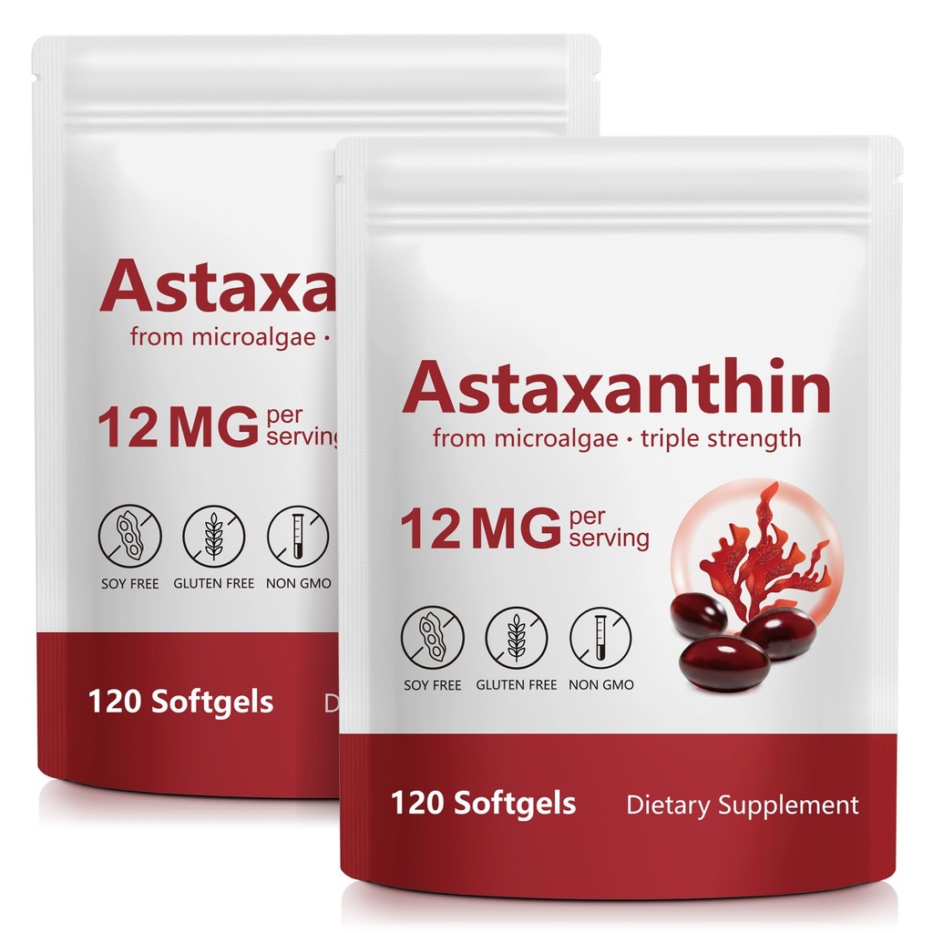 Astaxanthin 12mg, 120 Softgels, (2Pack) Premium Astaxanthin Antioxidant doplňky s antioxidační aktivitou, podporuje oko, kůže, společný a imunitní systém zdraví, čerstvé mikrořasy zdroj, non-GMO