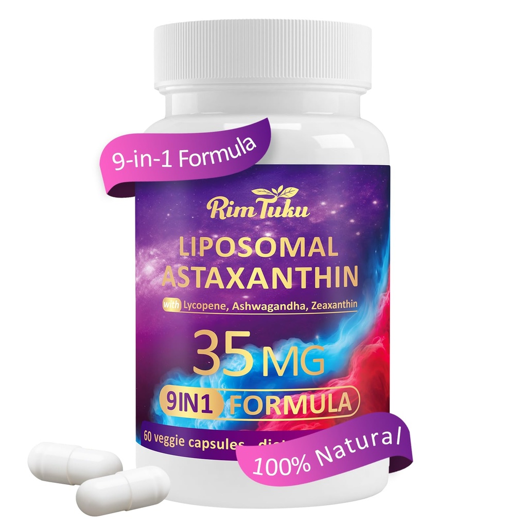 Liposomální Astaxanthin dodatek Komplex 9- in-1 s Ashwagandha, Lycopene, Zeaxanthin, Antioxidant dodatek Podpora očí, kůže a společné zdraví, 60 Kapsle