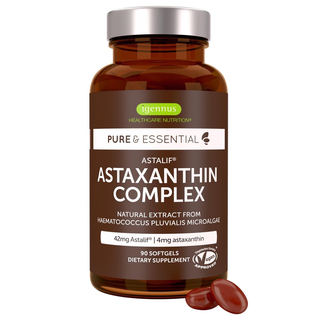 Igennus Vegan Astaxanthin 4mg Complex with Lutein and Zeaxanthin, 90 Small Softgels, from 42 mg Astapure, Natural Algae Antioxidant for Eyes, Skin & Joints, Non- GMO, H. Pluvialis