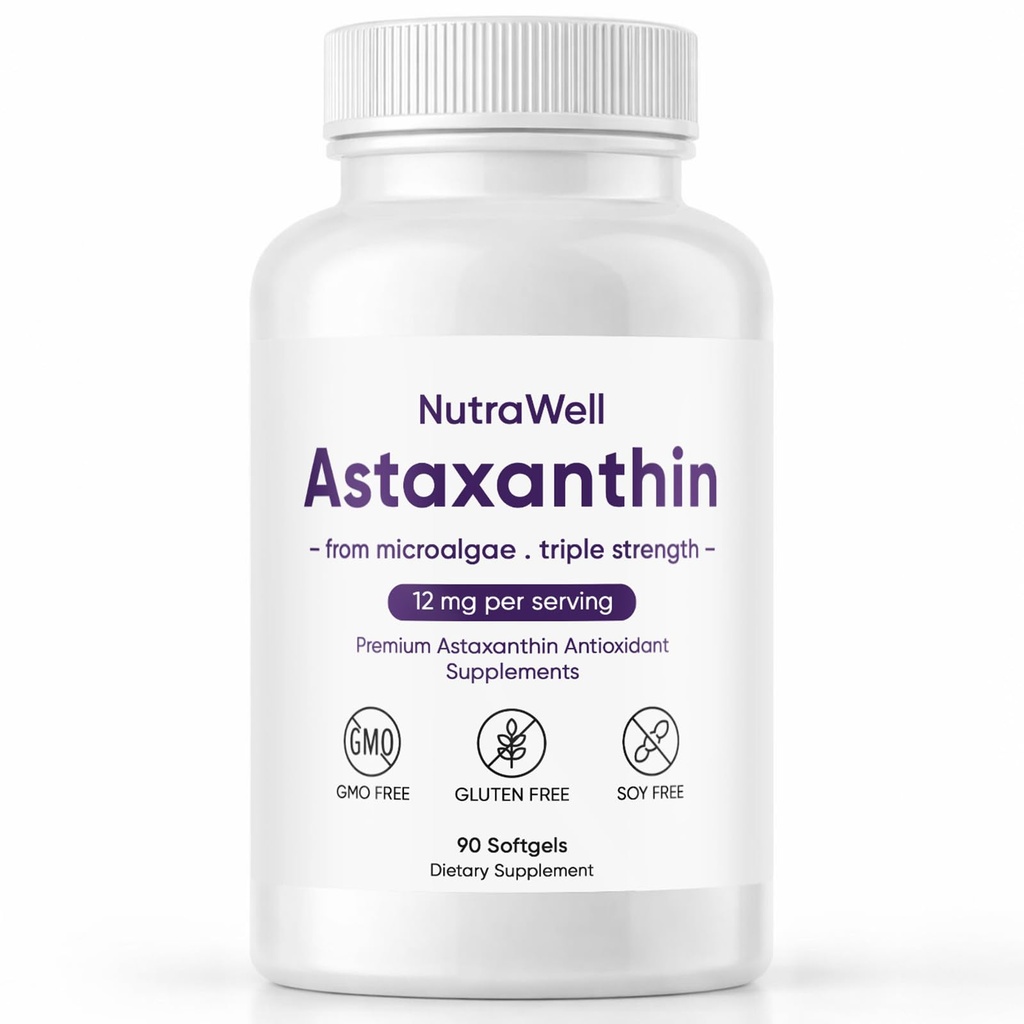 Nutrawell Astaxanthin - Denní antioxidant Wellness dodatek s přirozeně sourced Astaxanthin čistý vzorec pro aktivní dospělé životní styl Snadno se užívá kapsle - 90 Softgels (1)