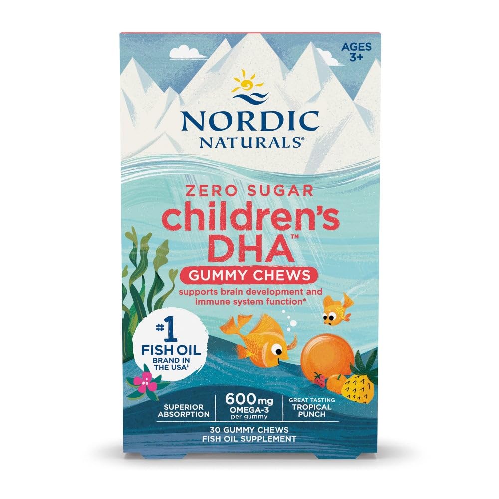 Nordic Naturals Zero Sugar Children 's DHA Gummy Chews, Tropical Punch - 30 Gummy Chews for Kids - 600 mg Celkový Omega-3s - Vývoj mozku, učení, Zdravá imunita - Non- GMO - 30 Sluhy
