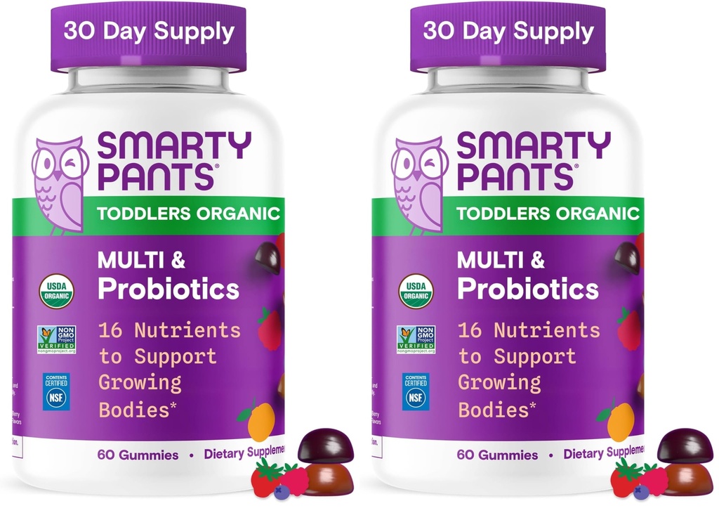 SmartyPants Organic Toddler Multivitamin Gummies: Probiotika, Omega 3 (ALA), Vitamin D3, C, Vitamin B12, B6, A, K & Zink, Beta karoten, gluten zdarma, Tři ovocné příchutě, (30 Day Supply), 60 Počet (balení po 2)