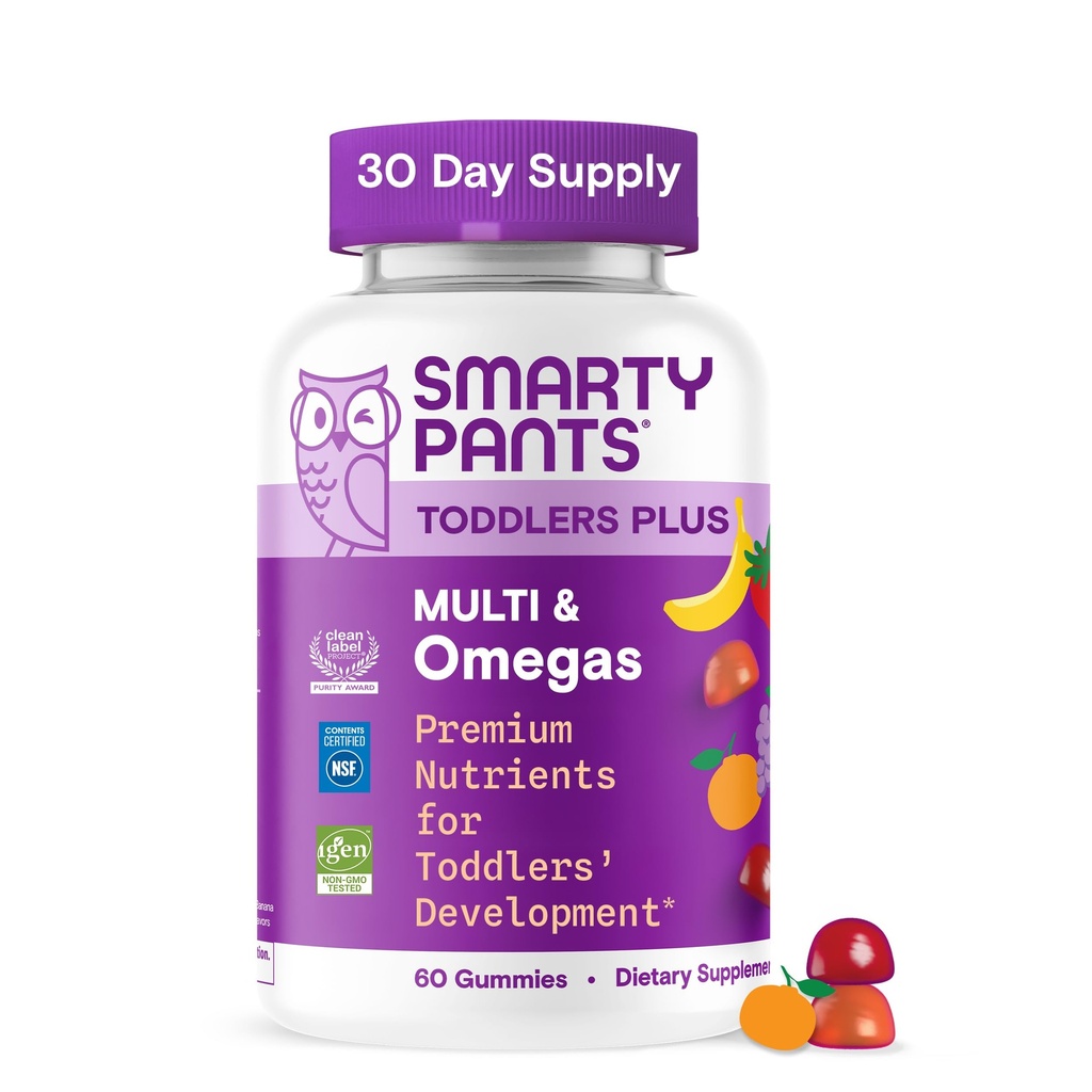 SmartyPants Toddler Multivitamin Gummies, Omega 3 (DHA / EPA), Vitamíny D3, C, Vitamin B12, B6, A, K & Zinek, Biotin, Gluten Free, Tři ovocné příchutě, 60 Počet (30 denní dodávka)