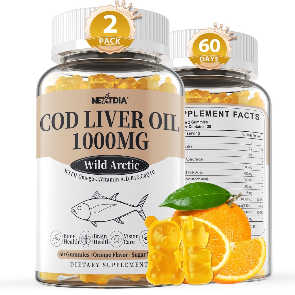 Cod Jaterní olej 1000mg Žvýkačky pro dospělé a děti, s vitaminem A & D3 - Omega 3 doplněk rybího oleje - DHA 360mg & EPA 240mg pro mozek, kosti, oko a imunitní zdraví, cukr zdarma, 120 Počet