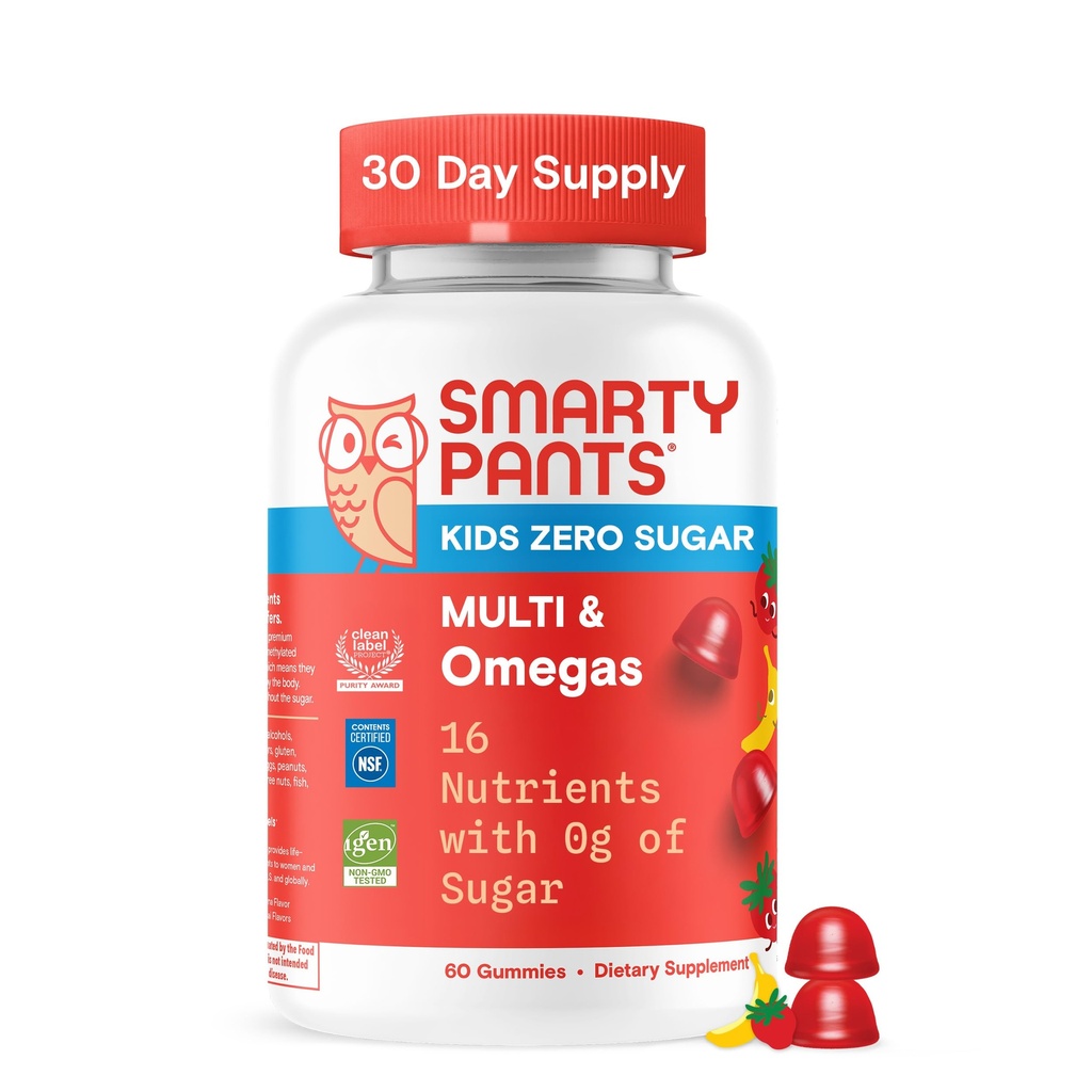 SmartyPants Kids Zero Sugar Multivitamin Gummies: Omega-3, Vitamíny D, C, A, Plant- based, Gluten Free, Jahodová banánová flavor, 60 denní zásoba