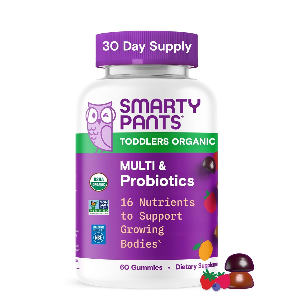 SmartyPants Organic Toddler Multivitamin Gummies: Probiotika, Omega 3 (ALA), Vitamin D3, C, Vitamin B12, B6, A, K & Zinek, Beta karoten, Lepek zdarma, Tři ovocné příchutě, 60 Počet (30 denní dodávka)