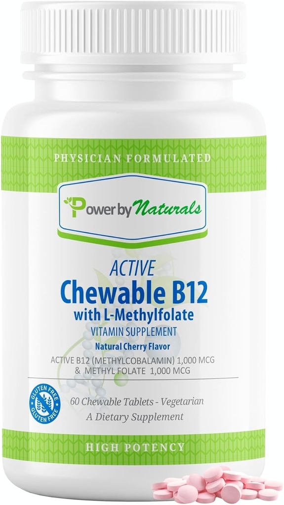 Power by Naturals Aktivní Žvýkací Methylovaný B12 s L- Methyl Folátem Dodatek pro ženy a muže, Cherry Flavor, 60 Tablet