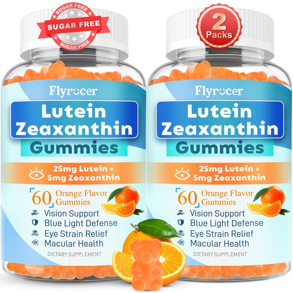 Sugar Free Lutein Gummies 25mg, Lutein a Zeaxanthin Doplňky pro oční zdraví, 13-in-1 Oční péče Formule s Omega33 Bilberry Saffron- Vision Zdraví, Oční Stren, Suché oči, Vegan Orange Flavor 120 Cts