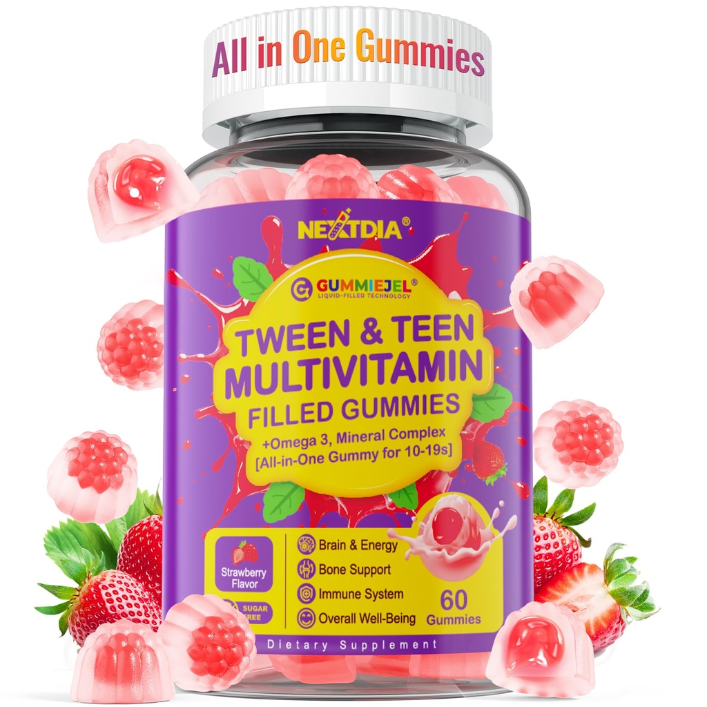 Nextdia Multivitamin Naplněné gumy pro dospívající dívky 12- 17, 18, 19, Děti 10 + Multivitamin s Omega 3, vápník + hořčík + zinek, Multi- Minerály pro adolescent 10- 19S Brain, Bone, Energy, Immunní