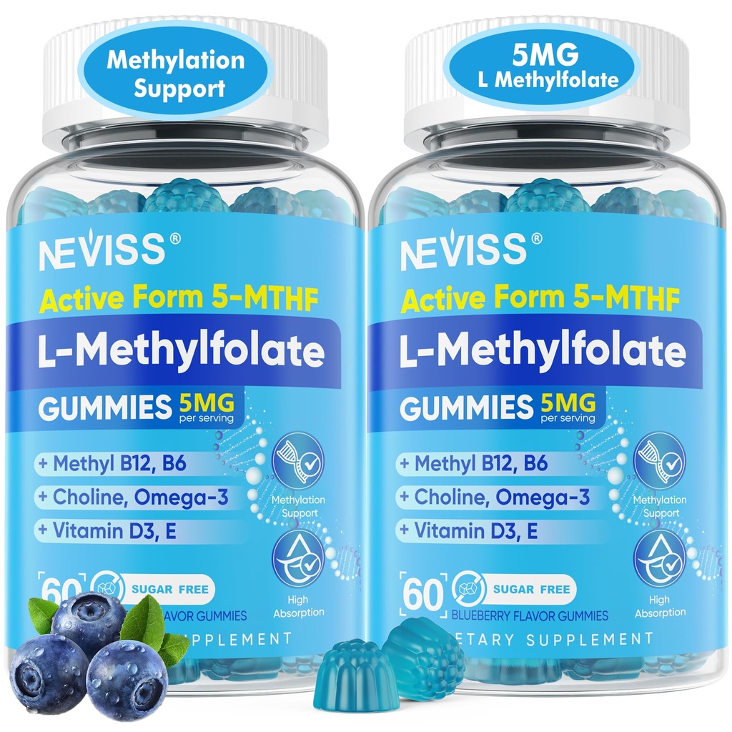 L Methylfolát Gummies & Methyl B12, Active 5-Mthf Methylovaný folát 5mg doplněk pro ženy w / Methyl B Complex, Cholin, Magesium, Omega-3, Methyl folát pro methylaci, Focus, Mood, Sugar Free, 2Pack